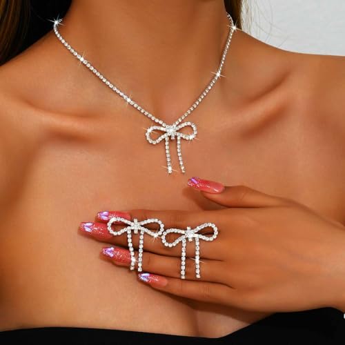 ACEDRE Rhinestone Bow Jewelry Set Silver Sparkly Crystal Bowknot Pendant Necklace Dainty Dangle Prom Earrings Sets for Women3