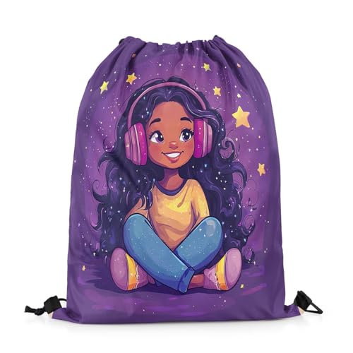 Image of jejeloiu Cute Black Drawstring Backpack 13x15.7inch African American Waterproof Gym Drawstring Bags Music Star Print Sports String Backpack Beach Swim Travel Bag Sackpack