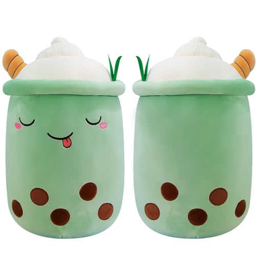 Aiuidun Bubble Tea Kuscheltier,Boba Stofftier Plüschkissen Spielzeug Weiches Umarmungskissen Geschenk für Kinder Mädchen Jungen(Grün-Schielende Augen,35cm)
