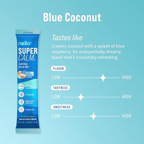 Image of Nello Supercalm Drink Mix with Magnesium Glycinate, KSM 66 Ashwagandha, Vitamin D3 and L Theanine, Calm Powder Supplements for Relaxation Support, No Sugar, Travel Packets, 20 Ct, Blue Coconut