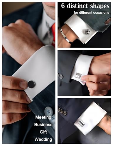 Image of FIBO STEEL Cufflinks for Men Classic Black Cufflink Set Unique Round Square Rectangle Cuff Links for Business Shirt Formal Wedding Tuxedo Groom Suit Accessories Men Present