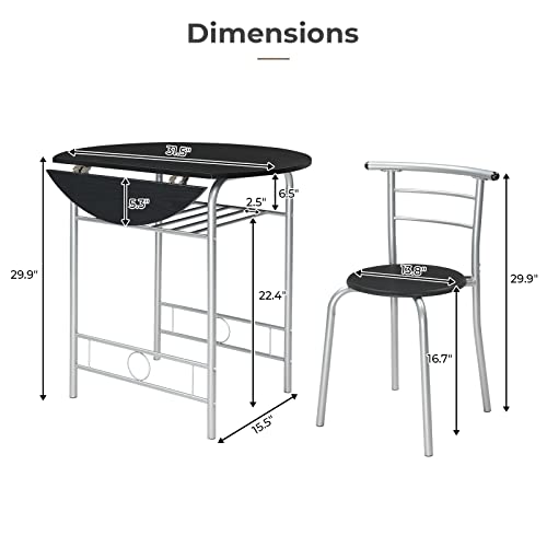 Image of VINGLI 31.5 inch Drop Leaf Dining Table Set for 2, 3 Pieces Dining Table with Chair for Small Space, Small Kitchen Extendable Folding Dining Table for Dining Room,Home, Apartment, Saving Places, Black