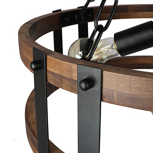 Image of Farmhouse Rustic Wood Chandelier, 4-Light Industrial Drum Chandelier for Dining Room Vintage Pendant Hanging Light Fixture with Black Metal Accent for Kitchen Living Room Dining Area