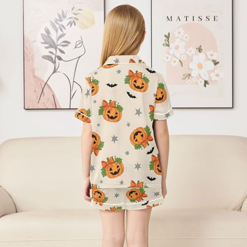 Satin Pajama Sets Short Sleeve Pumpkin Pattern with Bats Stars Button Down Silky Nightwear 2 Piece PJS 5-14Y4