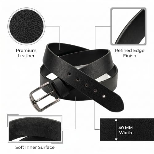 Image of Genuine Leather Belt for Men - Premium Formal & Casual Belt with Metal Buckle - Durable Adjustable Waist Belt for Jeans, Trousers & Office Wear