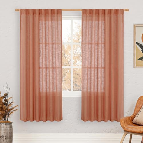 LAMIT Light Filtering Linen Curtains 68 inches Long for Bedroom, Linen Textured Semi Sheer Back Tab and Rod Pocket Boho Modern Drapes for Living Room/Farmhouse, Terracotta, 2 Panels, 52 x 68 Inch