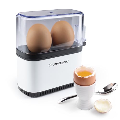 GOURMETmaxx Cuiseur à œufs pour 2 œufs | Cuiseur à œufs avec pique-œuf dans le gobelet doseur | 3 degrés de cuisson pour votre coquetier | Design petit format – pièces lavables au lave-vaisselle