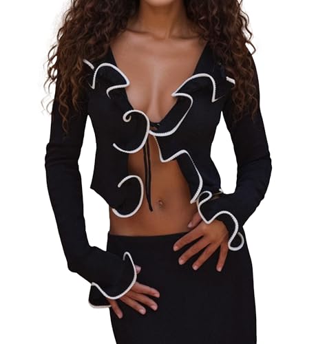 Women Y2k Ruffle Knit Tie Front Cropped Cardigan Tops Coquette Color Contrast Frilly Long Sleeve Sweater Shirts2