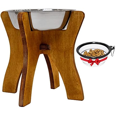 Dog Raised Bowls - Elevated Dog Feeder for Medium Dogs - Collapsible 9" Dog Bowl Stand - Food and Water Bowl with Wood Stand - 1 Stainless Steel Bowl 25oz Included - Travel Silicone pet Feeder in Set Cover