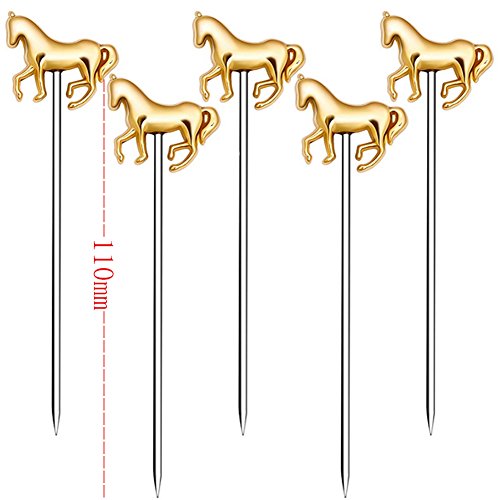 Cocktail Picks Stick, Cocktail Toothpicks Stainless Steel Martini Olive Picks for Bar Barbecue Fruit, Bloody Mary Drink Sticks (5pcs,Gold Horse)