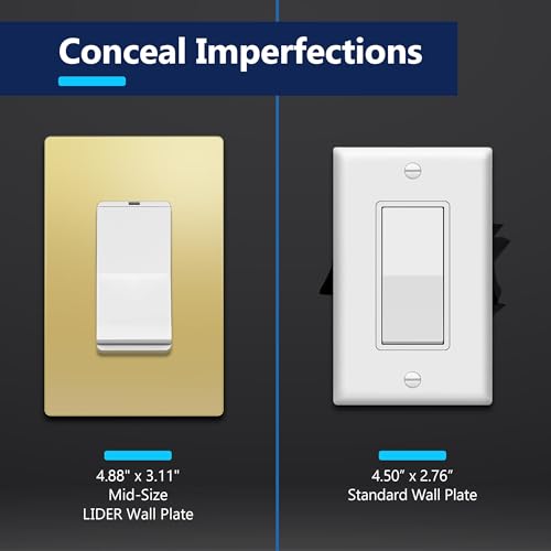 Image of LIDER Decorator Metal Wall Plate, Temperature and Impact Resistant, Screwless Cover, Modern Decoration Upgrade, Mid-Size 1-Gang 4.88 inch x 3.11 inch, UL Listed, Stainless Steel, Polished Brass, 1-Pack