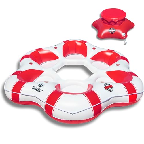 SOLSTICE Inflatable Tube Float – Heavy-Duty Material with Grab Handles for Pool, Lake & River – Compact with Backrest, Mesh Base, Cupholders & Rope – 6-Person, White & Red, 100