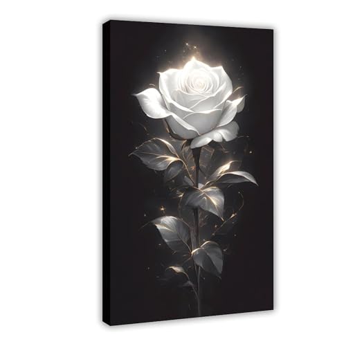 Black & Gold Accented White Rose Vintage Abstract Canvas Wall