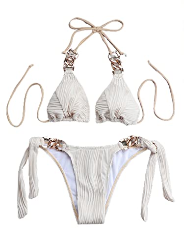 Avanova Damen Sexy Tanga Dreieck Bikini Set 2 Stück String Halfter Gerippte Bindung Seite Badeanzug, Beige, Large Cover