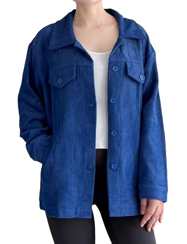 Image of FTCayanz Women's Corduroy Shacket Jacket Long Sleeve Button Down Shirts Coats Tops with Pockets, Blue, Large
