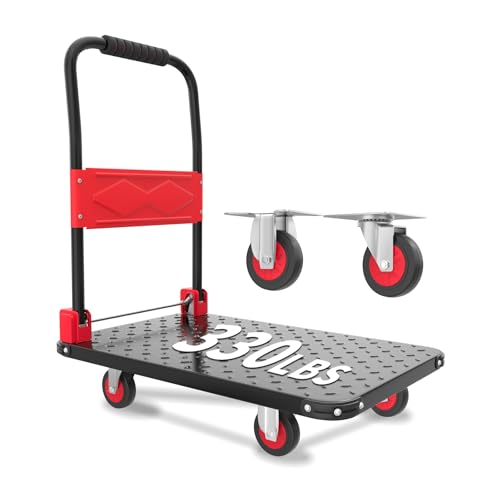 Foldable Push Cart Dolly, 330lbs Flat Bed Carts with Wheels & Anti-Collision Strips, Heavy Duty Platform Truck for Household Tasks, Moving, 360° TPR Mute Wheels for Easy Maneuver, Black Red
