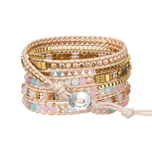 Image of Plumiss Women Boho Handmade Natural Stone Crystal Leather Bead Wrap Bracelets Collection