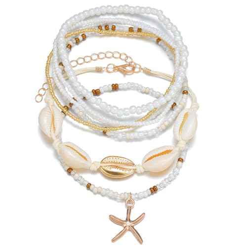 Qceasiy Shell Ankle Bracelet Set for Women Gold Plated Boho Bead Adjustable Anklet Hawaiian Beach Seashell Pearl Heart Starfish Conch Foot Jewelry Gifts (Starfish Shell 7Pcs)