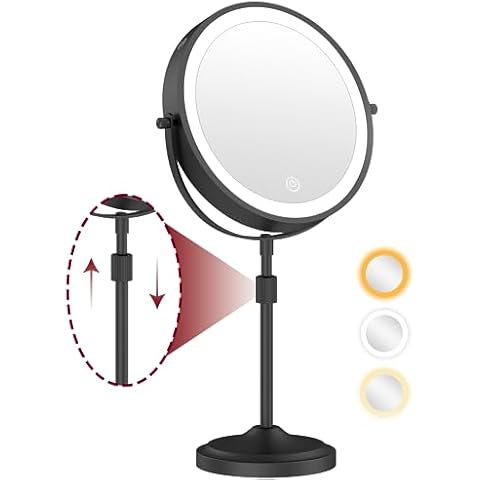 mumianshu 9" Lighted Makeup Mirror with Lights and Magnification 10X/1X 360° Swivel Double Sided 5000mAh Rechargeable Battery, 3 Color Dimmable Height Adjustable Vanity Mirror Black Cover