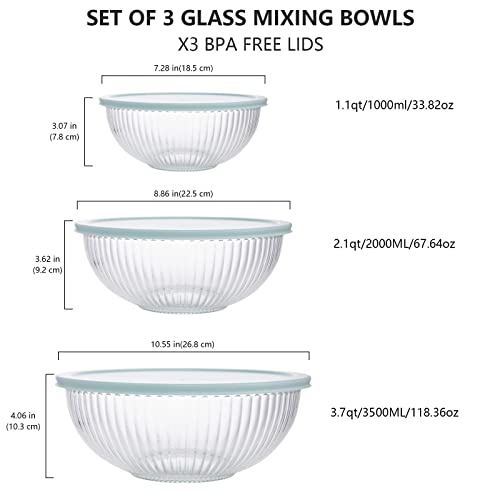 Luvan Glass Mixing Bowls with Lids Set(3.7QT, 2.1QT, 1.1QT),3PC Glass Nesting Bowl, Large Salad Bowls Sets with lids,Clear Cooking Bowl for Kitchen Prep,Food Storage,Baking,Microwave and Oven Safe