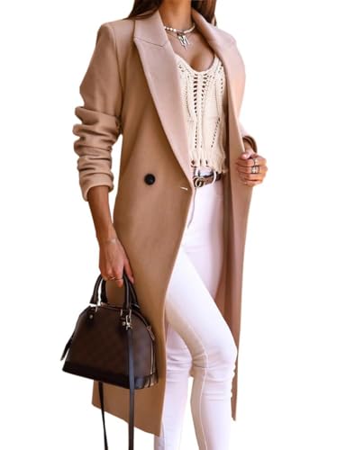 IDEALSANXUN Langer Wollmantel für Damen, Herbst, Winter, Trenchcoat, Pfau, zweireihig, Blazer, Jacken, Übermantel, CAMEL, Small