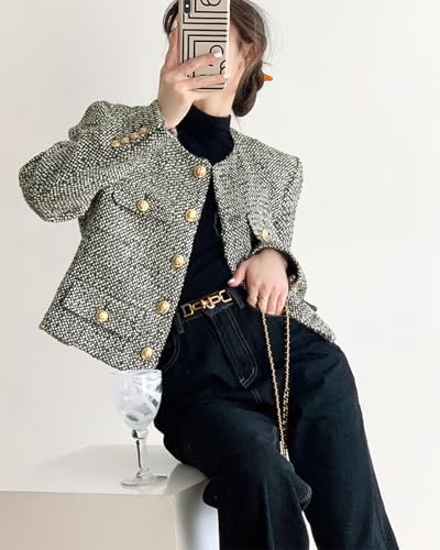 chouyatou Womens Elegant Business Casual Crop Plaid Tweed Blazer Jacket Open Front Short Button Down Suit3