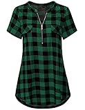 karolina tunika Baumwolle und Polyester Damen V-Ausschnitt Hemden Kariert/Einfarbig Bluse Kurzarm Reißverschluss Tunika Tops