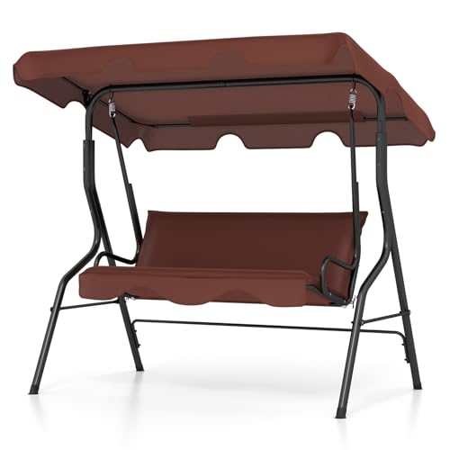 Image of Tangkula 3 Person Porch Swing, Patio Swing with Removable Cushion & Powder-Coated Steel Frame, Outdoor Swing with Canopy for Porch, Backyard, Garden, Balcony (Coffee)