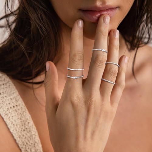 Silver Rings for Women, Dainty Stackable Silver Plated Rings Adjustable Beaded Thin Eternity Bands Wedding Rings Band Ring Set Bands for Women Size 5-10in Christmas Gifts3