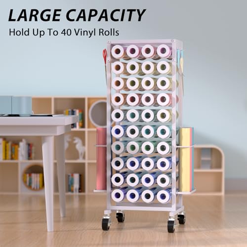 Mobile Vinyl Roll Holder Cart - 40 Compartments Vinyl Storage Organizer with 6 Hooks & Extra Paper Roll Organizer Tray on 2 Side, Cricut Vinyl Storage Rack Gifts Wrapping Paper Holder for Craft Room - Image 3