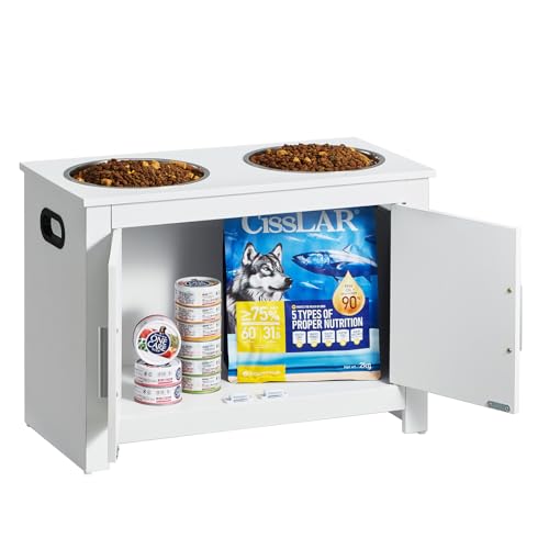 VEVOR Estación de Alimentación 60x30x44 cm Comedero Elevado para Perros con 2 Cuencos de Acero Inoxidable Armario de Madera para Comida para Mascotas con Puerta Doble para Perros Grandes, Blanco