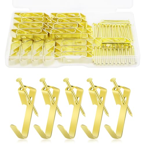 vsshe 50 Stück Bilderhaken Gold, Aufhänger Sets für Bilder mit Schrauben, Bildaufhänger Bild Hängende Haken, Rostfreie Metallhaken für Bilderrahmen/Spiegel/Uhren, Wandhaken-Set für Haus Büro Wand