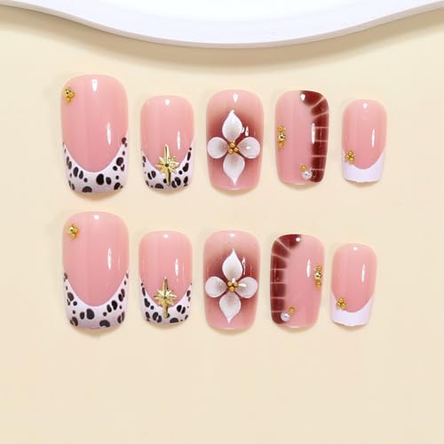 Image of Flower Press on Nails Leopard Print French Tip Fake Nails Medium Square False Nail with Pearl Design Nude Glossy Full Cover Stick on Nail for Women Manicure 24Pcs