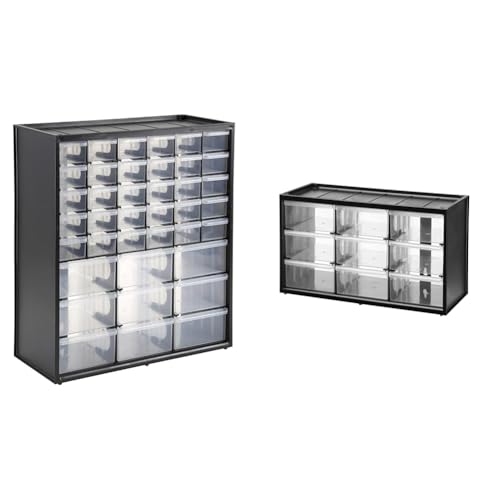 Stanley Aufbewahrungsbox (mit 39 Schubfächern, Maße 36.5 x 43.5 x 15.5 cm) & Kleinteilemagazin/Sortimentskasten (36.5x21.3x15.5cm, mit neun Schubladen, bruchfester Kunststoffrahmen)