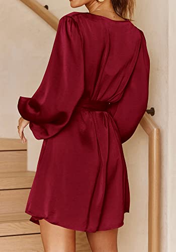 Prettygarden Women's Spring Long Puff Sleeve Satin Dress V Neck Cocktail Party Belted Short Formal Dresses (Wine Red,Medium) #TOP4