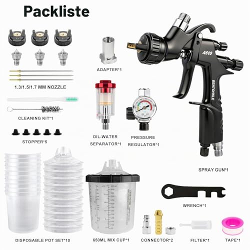 BENTOHKLE R500 LVLP Luftspritzpistole mit 10 Stück 650 ml Einweg-Lackbechern, 1,3/1,5/1,7 mm Düsen und Luftmessgerät, A610 Automobil-Lackierpistole für Autos und Haus, DIY-Malerei