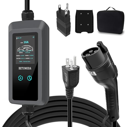 BETUMODA Level 1&2 EV Charger 2026 Upgraded, 110V–240V, 8-16Amp Adjustable Current & Timer, NEMA 5-15 & 6-20 Plug, 25Ft EV Charging Cable, SAE J1772 Compatible for All PHEV/EV(Tesla Requires Adapter)