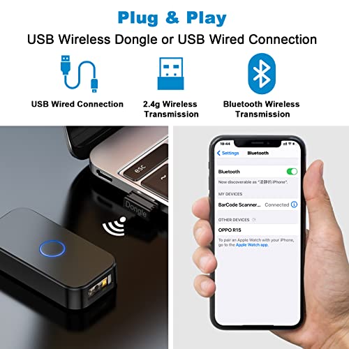 Bluetooth Barcode Scanner Portable 1D USB Laser Mini Bar Code Reader 3-in-1 Bluetooth & USB Wired & 2.4G Wireless Bar Code Reader Scanner Compatible Windows, Mac,Android, iOS or Phones