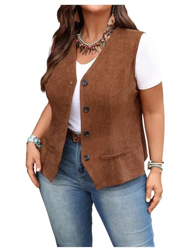 GORGLITTER Womens Plus Size Vest Western Cowgirl Rodeo Outfit Sleeveless Fall Button Up Vest Tops Peasant Bodice Waistcoat Brown 3X-Large Plus