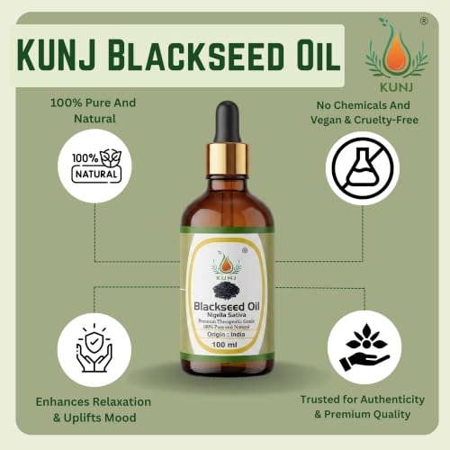 Image of KUNJ Black Seed Oil 100ml - 100% Pure & Natural Cold Pressed Kalonji Oil for Hair, Face, Skin & Scalp Care | Hair Strengthening, Scalp Nourishment & Skin Care | Nigella Sativa Oil