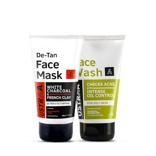 Image of Ustraa Face Wash - Oily Skin - 100g | With Basil & Key Lime - For Acne-Prone Skin | Checks Blackheads & De-Tan Face Mask Oily Skin - 125g | Effective Tan Removal | White Charcoal & French Clay