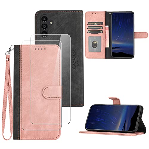 Flip Custodia Premium per Samsung Galaxy A14 5G+2 Pezzi Vetro Temperato .Custodia Sottile per Telefono Supporto Stand Chiusura Magnetica viola-Rosa pelle sintetica