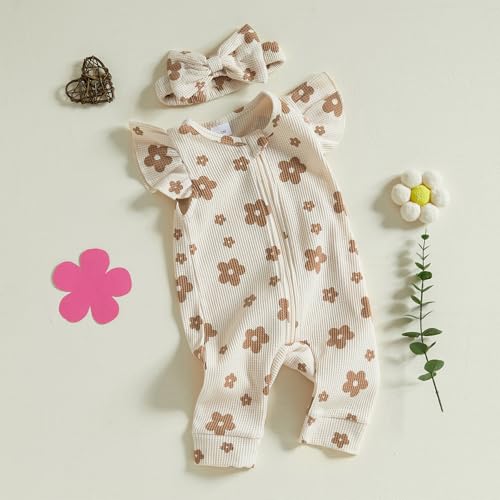 MERSARIPHY Newborn Baby Girl Summer Clothes Zip Up Ruffle Waffle Knit One Piece Romper Jumpsuit Coming Home Hospital Outfit3