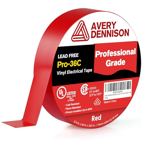 Avery Dennison Electrical Tape, Professional Grade PVC Electric Tape, UL/CSA Listed Insulating Vinyl Tape for Electrical, Repairs, Automotive and Equipment, Pro-36C, ¾ in x 66 ft, Red, 1 Roll