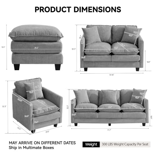 Image of 30'' Cloud Single Couch with Ottoman, Cloud Sofa with Throw Pillow, Modern 1 Seater Reading Chair with Deep Seat, Accent Chairs for Living Room, Bedroom, Small Apartment, Light Grey