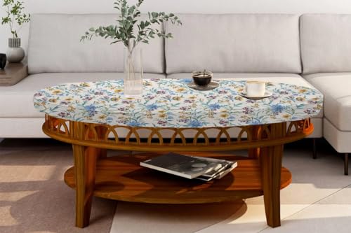 Image of The Furnishing Tree Elastic Cotton Oval Center Table Cover 16x36 in Inches Floral Golden Leaf on offwhite Base