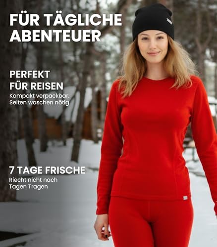 Merino.tech Merino Unterwäsche Damen Set + Mütze – Merino Langarm Damen und Hose aus Merinowolle (Medium, Black)