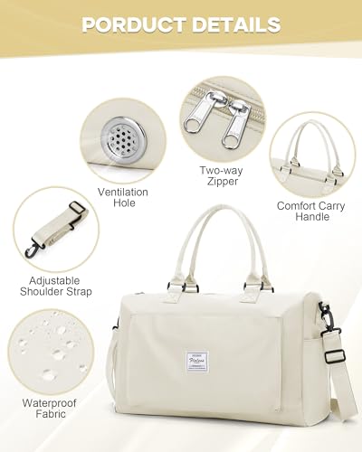 Image of Gym Bag for Women Men Duffle Bags for Travel with Shoe Compartment Shoulder Weekender Overnight Carry on Tote Bags for Airplane Beach Bag Workout Yoga Sport Swimming Cream White