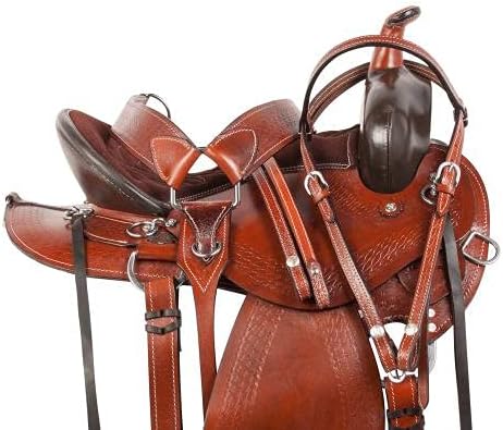 BNB International Leather Western Endurance Trail Horse Saddle Handmade Comfort with Horn Equestrian Horseback Riding Tack, Matching Headstall,Breast Collar,Reins Size:14"-18" inches Seat, M12