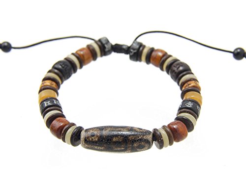 bp17008  AGATHE Creation  Pulsera Tibetain puerta felicidad  compuesto de piedra Dzi, de madera y de ágata Cuite  Talla ajustable  hecho a mano